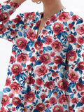 Watercolor Peony Repeat Pattern Printed Women’s Casual Linen V-Neck Shirt