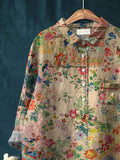 Women’s Retro Flower Art Print Casual Cotton And Linen Shirt