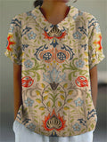 Women’s Vintage Ethnic Floral Art Print Casual Cotton And Linen Shirt Multicolor / S