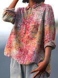 Abstract Geometric Pattern Printed Women’s Casual Cotton And Linen Shirt