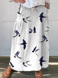 Flying Swallow Repeat Pattern Printed Women’s Linen Pocket Skirt White / S