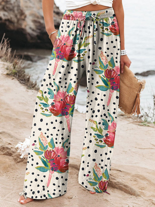 Women’s Floral Art Printed Cotton And Linen Casual Pants Multicolor / S