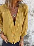 Women’s Spring And Summer Cotton And Linen V-Neck Casual Shirt Yellow / S