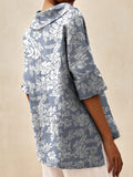 Women’s Silhouette White Floral Print On Blue Casual Linen V-Neck Shirt