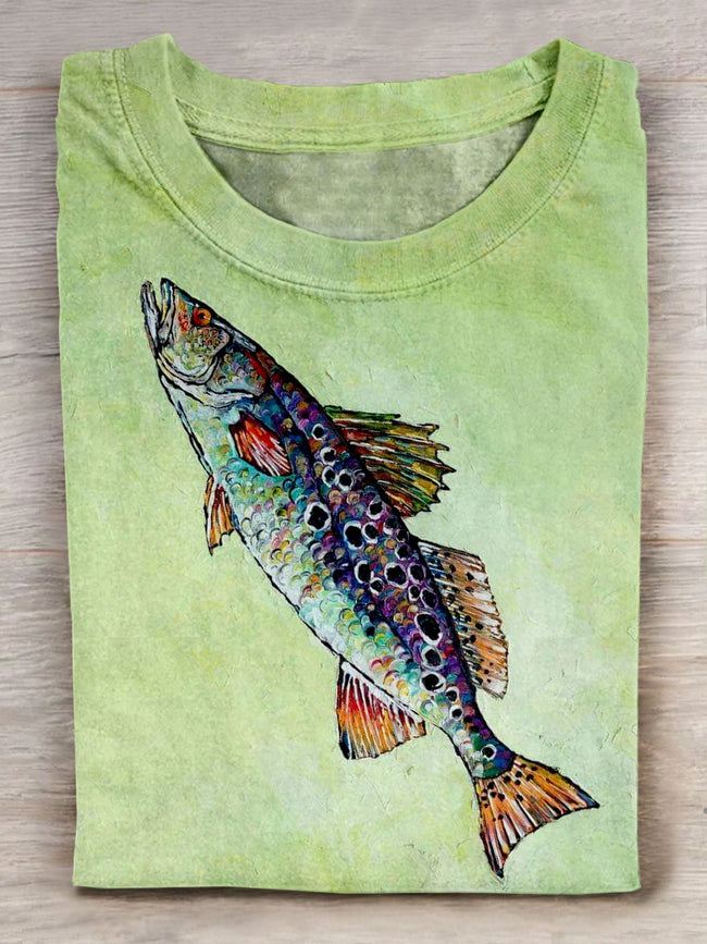 Fish Art Print Casual Short Sleeve T-Shirt Multicolor / S