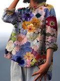 Women’s Vintage Floral Art Print Casual Cotton And Linen Shirt