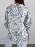 Women’s Blue Flower And Bird Floral Print Casual Linen V-Neck Shirt