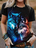 Women's Artistic Design Wolf Stars Casual  T-shirt