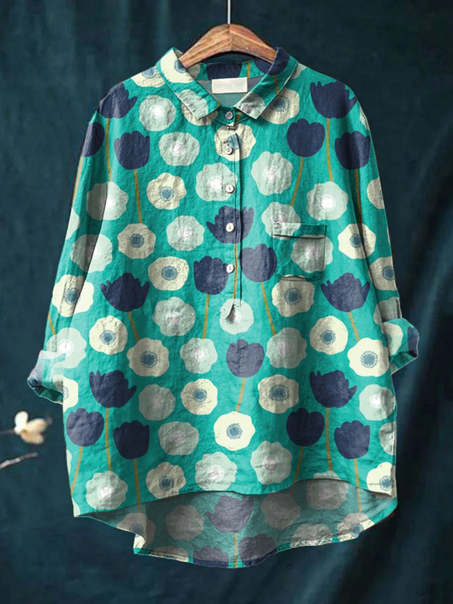 Women’s Vintage Print Casual Cotton And Linen Shirt Multicolor / S