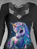 Women's Classic Unicorn Pattern Butterfly Lace Patchwork Top