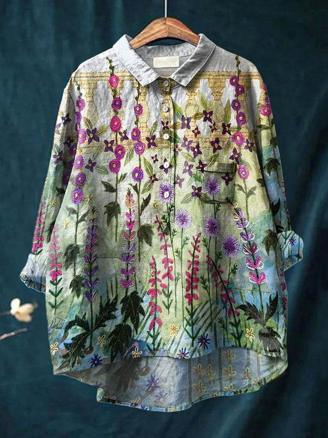 Women’s Vintage Flower Art Print Casual Cotton And Linen Shirt Multicolor / S