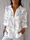 Women’s Retro Blue Floral Print Casual Linen V-Neck Shirt Multicolor / S