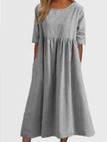 Cotton And Linen Casual Short Sleeve Pocket Pleated Loose Round Neck Dress Light Grey / S