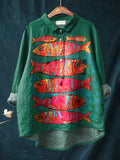 Vintage Lovely Fish Art Print Casual Cotton And Linen Shirt Green / S