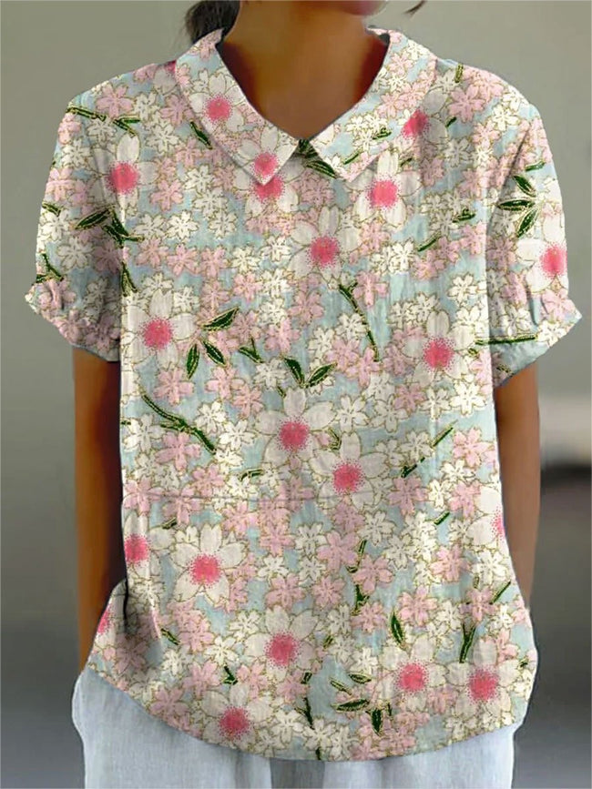 Women’s Vintage Flower Print Casual Cotton And Linen Shirt Multicolor / S