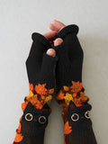 Women's Cute Knit Black Cat Print Fingerless Gloves