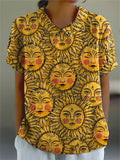 Women’s Vintage Lovely Sun Pattern Art Print Casual Cotton And Linen Shirt Multicolor / S