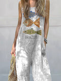 Line Drawing Fish Graphic Printed Women’s Casual 100% Cotton Wide Leg Jumpsuit