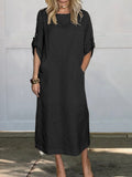 Women’s Comfortable Solid Color Linen Pocket Dress Black / S