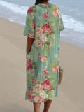 Women’s Vintage Floral Art Print Pocket Linen Dress（Convertible Dress With Front And Back Option）