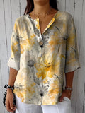 Watercolor Summer Floral Pattern Printed Women’s Casual Cotton Linen Shirt Yellow / S