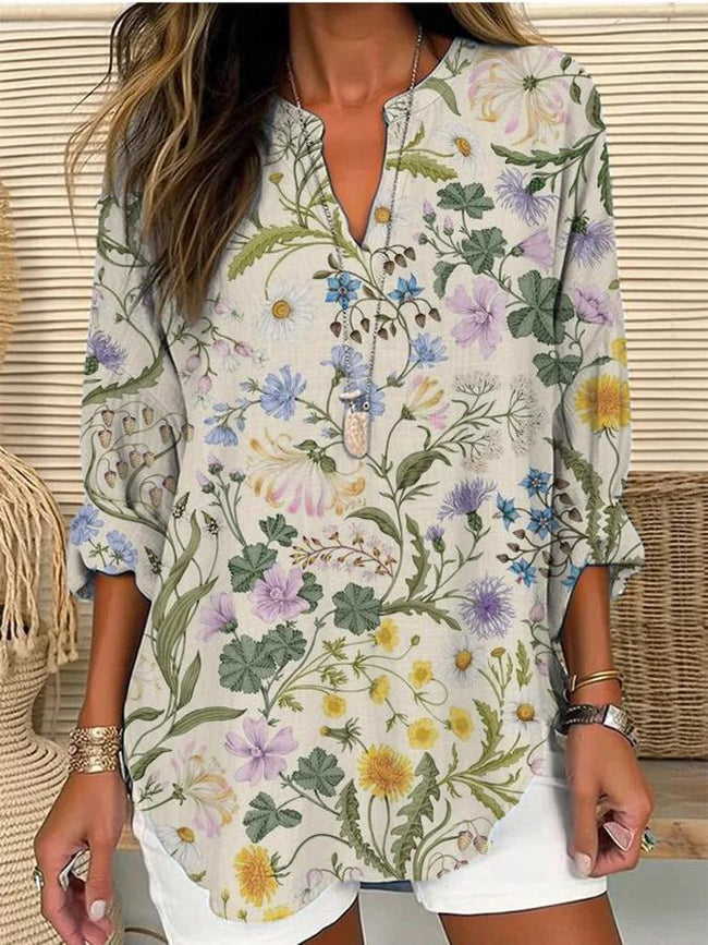 Women’s Colorful Wildflower Print Casual Linen V-Neck Shirt Multicolor / S