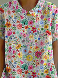 Hand Drawing Style Floral Garden Pattern Printed Women’s Casual Cotton And Linen Shirt