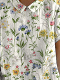 Women’s Retro Floral Art Print Casual Cotton And Linen Shirt