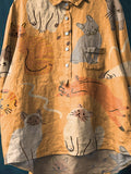 Vintage Lovely Cats Art Print Casual Cotton And Linen Shirt