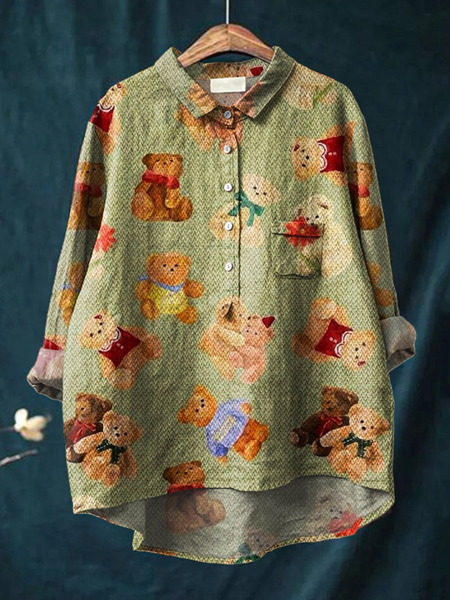 Women’s Cute Little Bears Print Casual Cotton And Linen Shirt Multicolor / S