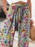 Hand Drawing Style Floral Garden Pattern Printed Women’s Cotton And Linen Casual Pants