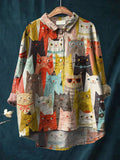 Vintage Lovely Cats Art Print Casual Cotton And Linen Shirt Multicolor / S