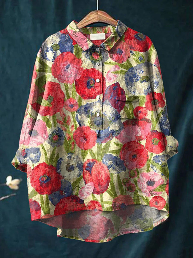 Women’s Flower Print Casual Cotton And Linen Shirt Multicolor / S