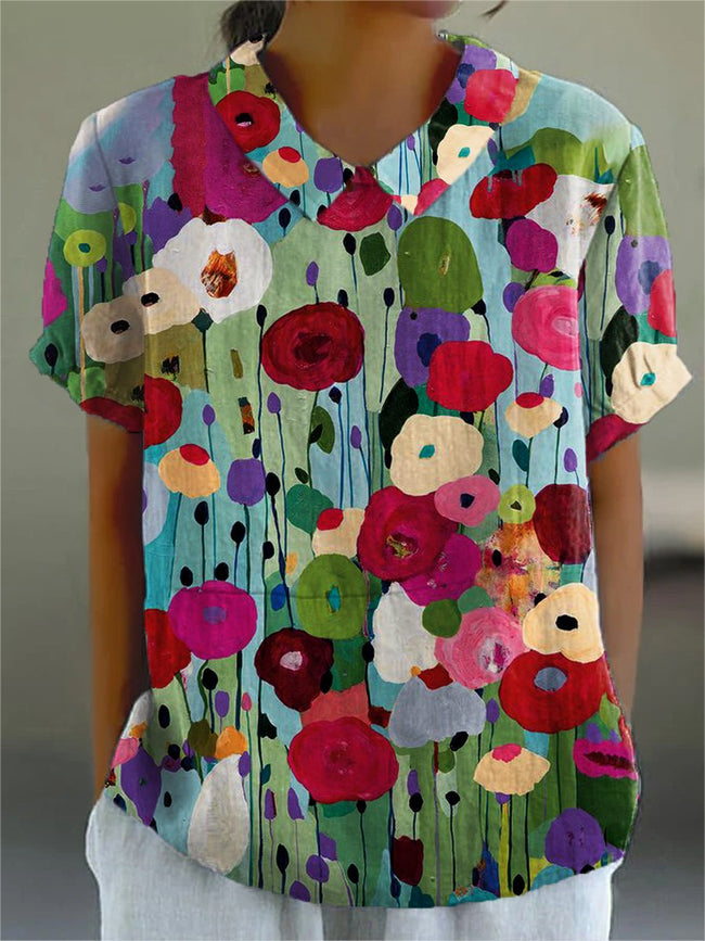 Women’s Floral Art Print Casual Cotton And Linen Shirt Multicolor / S