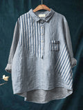 Stripes Pattern Printed Women’s Casual Cotton And Linen Shirt Blue / S