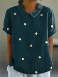 Petite White Daisy Repeat Pattern Printed Women’s Casual Cotton And Linen Shirt Darkgreen / S