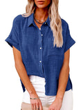 Women’s Solid Color Button Down Short Sleeve Shirt Sapphire Blue / S