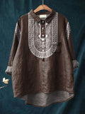 Ethnic Style Geometric Pattern Printed Women’s Casual Cotton And Linen Shirt Brown / S