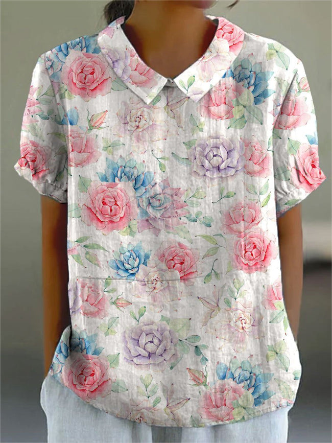 Women’s Flower Print Casual Cotton And Linen Shirt Multicolor / S