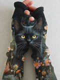 Women's Black Cat Art Printing Fingerless Gloves