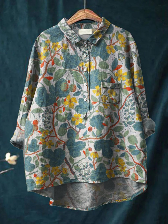 Women’s Floral Art Print Casual Cotton And Linen Shirt Multicolor / S