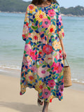 Women’s Rose Flower Print Pocket Cotton Dress