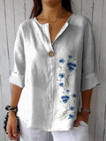 Simple Blue Spring Floral Printed Women’s Casual Cotton Linen Shirt White / S