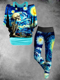 Women's Van Gogh Starry Sky Skull Top Leggings Two-Piece Set