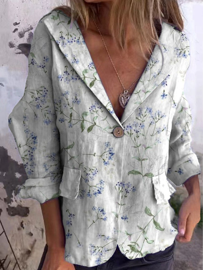 Women’s Blue Floral Print On White Background Linen And Cotton Pocket Coat Multicolor / S