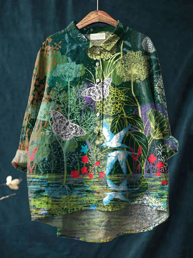 Women’s Art Print Casual Cotton And Linen Shirt Multicolor / S