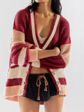 Women’s Autumn And Winter Color Blocks Design Knitted Cardigan Sweater With Pockets Red / S