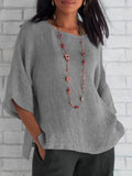 Crewneck Cotton And Linen Shirt Top Grey / S