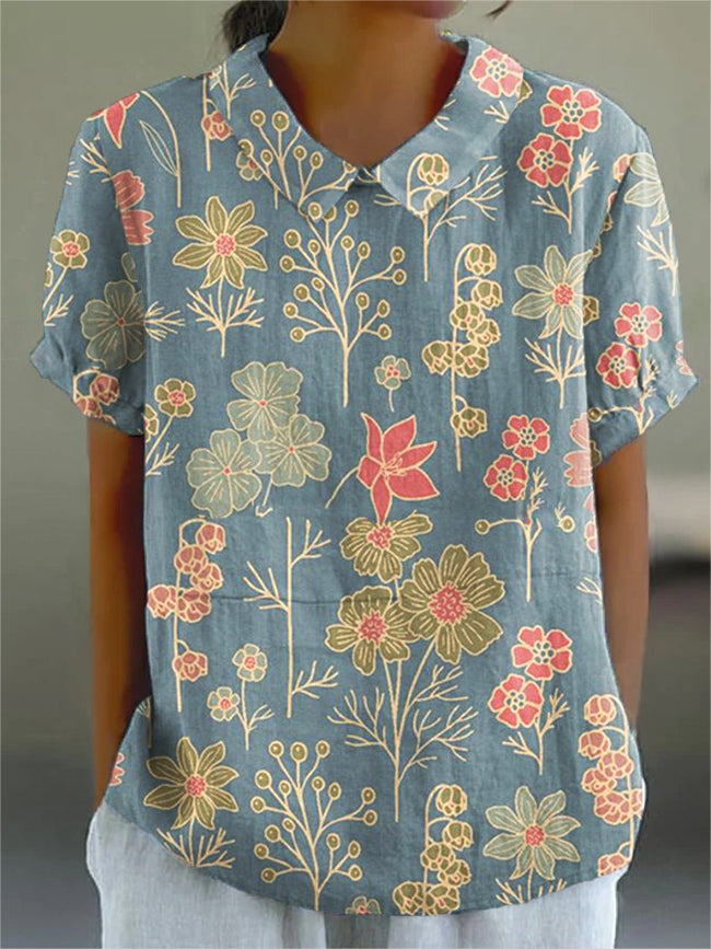 Women’s Flower Art Print Casual Cotton And Linen Shirt Multicolor / S