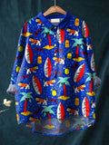 Vintage Lovely Surfing Dog Art Print Casual Cotton And Linen Shirt Multicolor / S